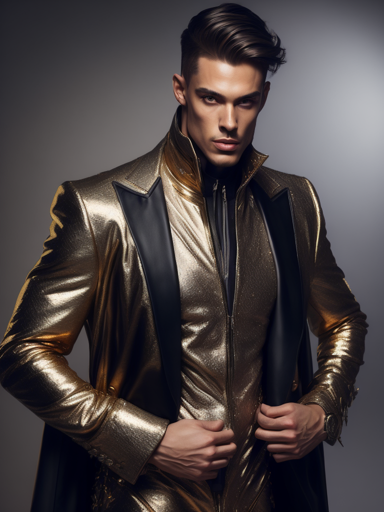 Male super model in a shiny metallic suit, Movie light, Photography, studio photo, professional photo, Rich colors, Detailed image, detailed face, style of James Bidgood