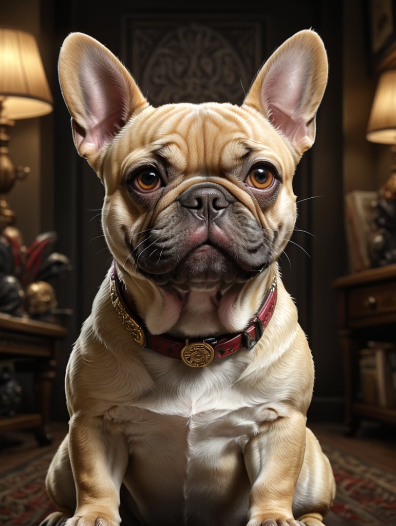 short-haired beige french bulldog simon cartoon background