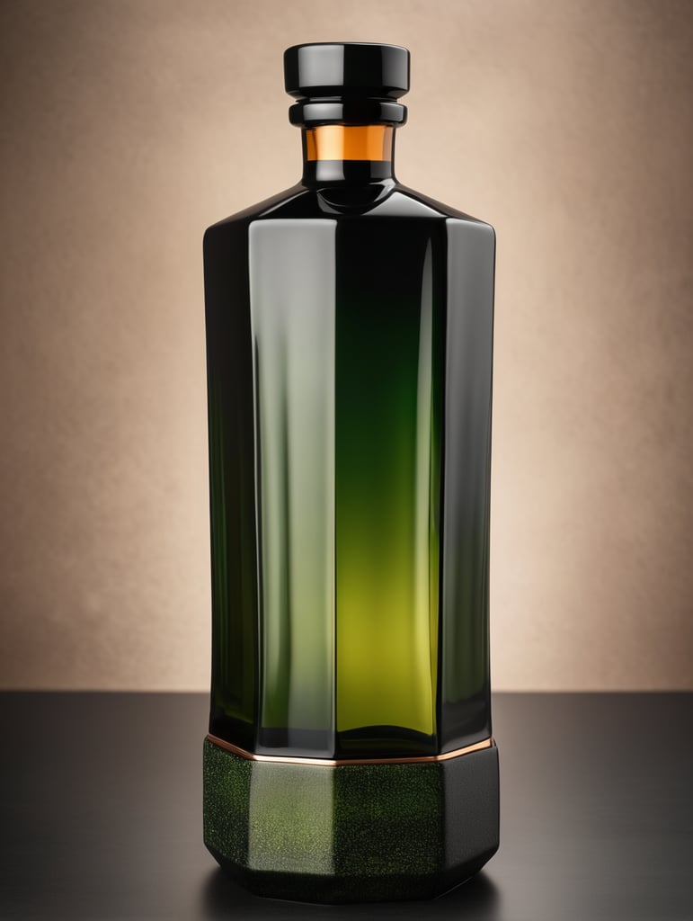 botella de tequila luxury de material ceramico negro con difuminado verde y ambar hexagonal y alta sin etiquetas, tapadera de con textura de basalto.