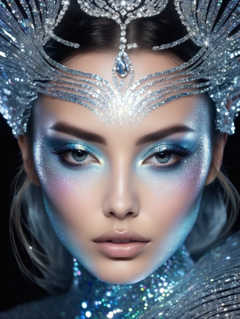 Mesmerizing Holographic face materials shimmer in motion, Photography in the style of Rankin