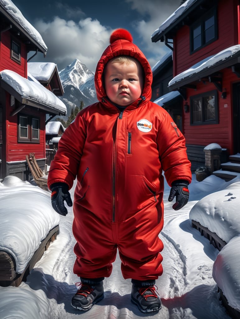 fat boy wearing red snowsuit