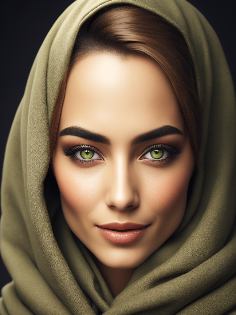 Portrait of hijab green eyes woman, white skin, brown oval eyebrows, smiling, bright and saturated colors, elegant, highly detailed, vogue, fashion magazine, sharp focus, bright expressive makeup, dramatic lighting, depth of field, incredibly high detailed, blurred background