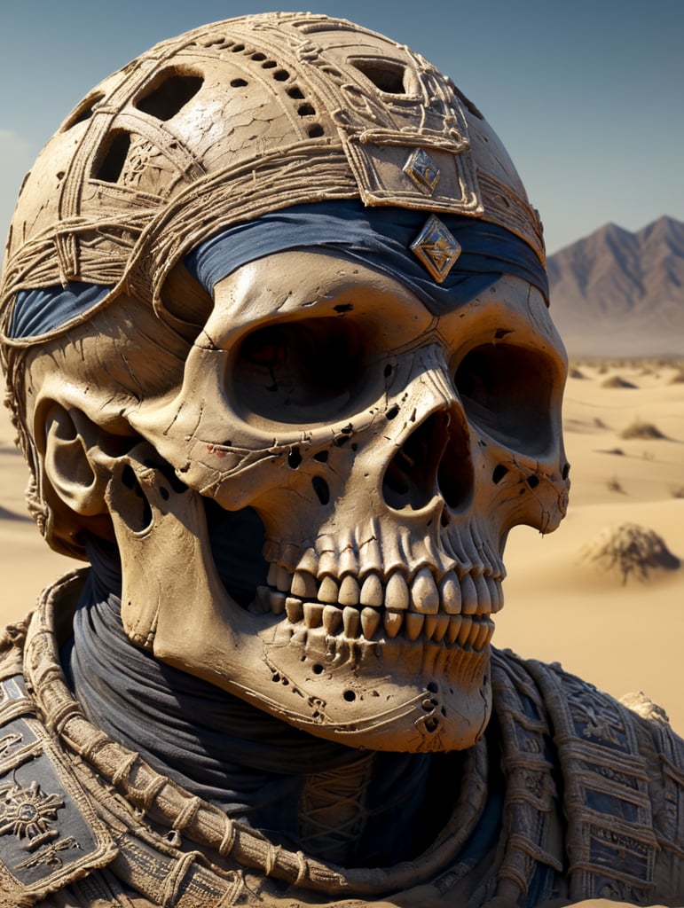 Una calaverita mexicana disfrazada de momia con las vendas llenas de arena y desgastadas