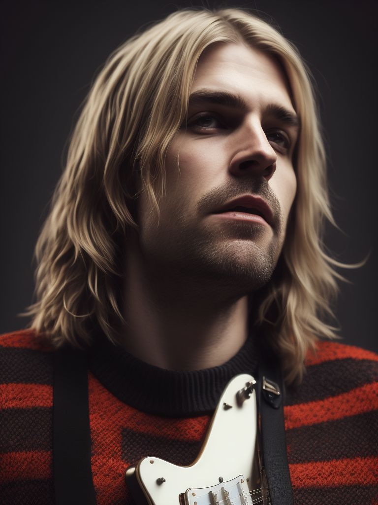 Kurt Cobain is wearing a black and red striped sweater, with an electric guitar, Vivid saturated colors, Contrast light, studio photo, professional photo, Detailed image, detailed face