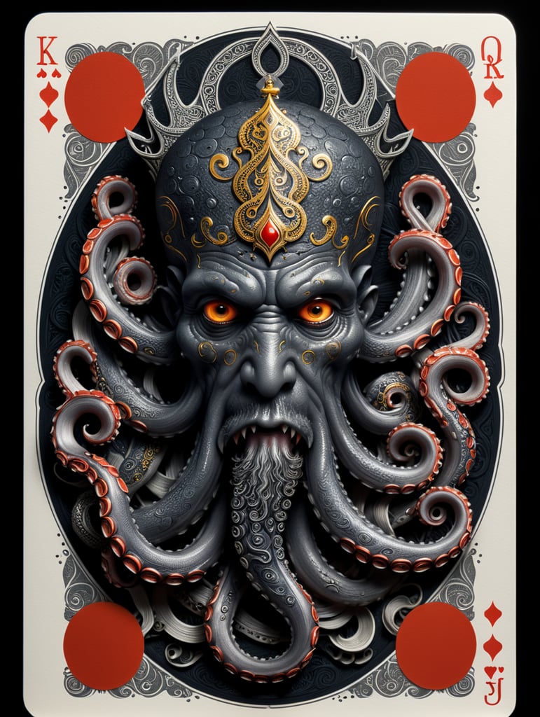king octopus of clubs playing card, face card, linocut art style, black ink, ultra realism, simple lines, vector