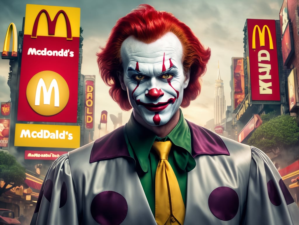 Ronald Mcdonald Joker image with mcdonald's iconic logo billboards and fantasy background