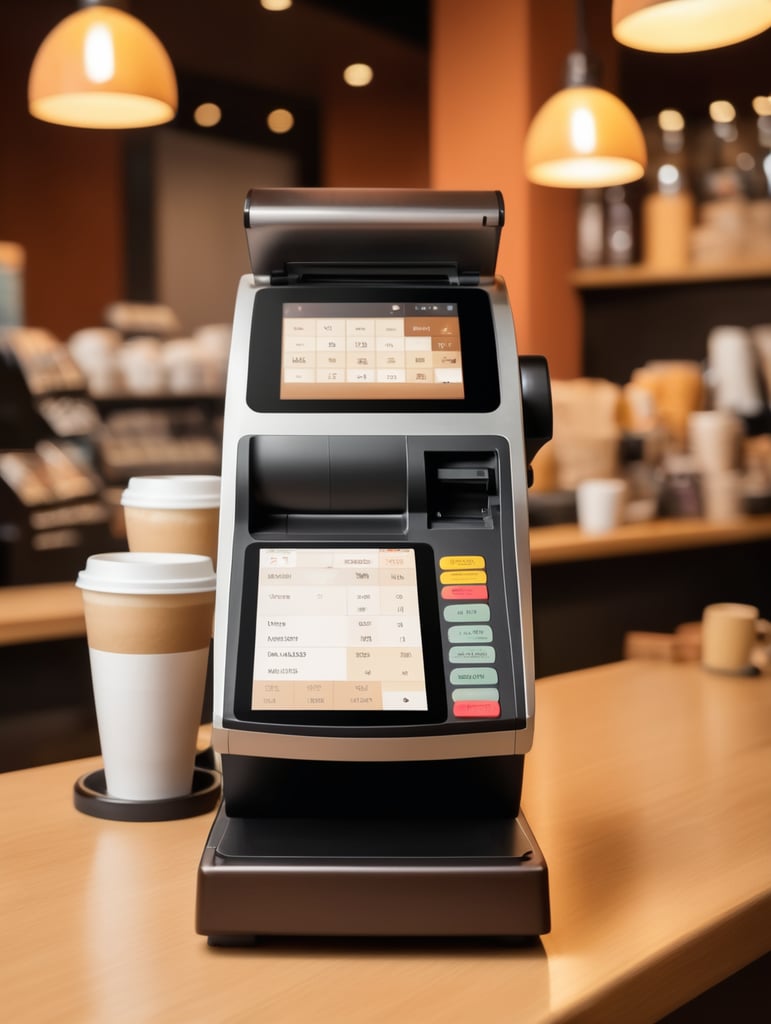 pos machine in coffee shop with cashier warm background