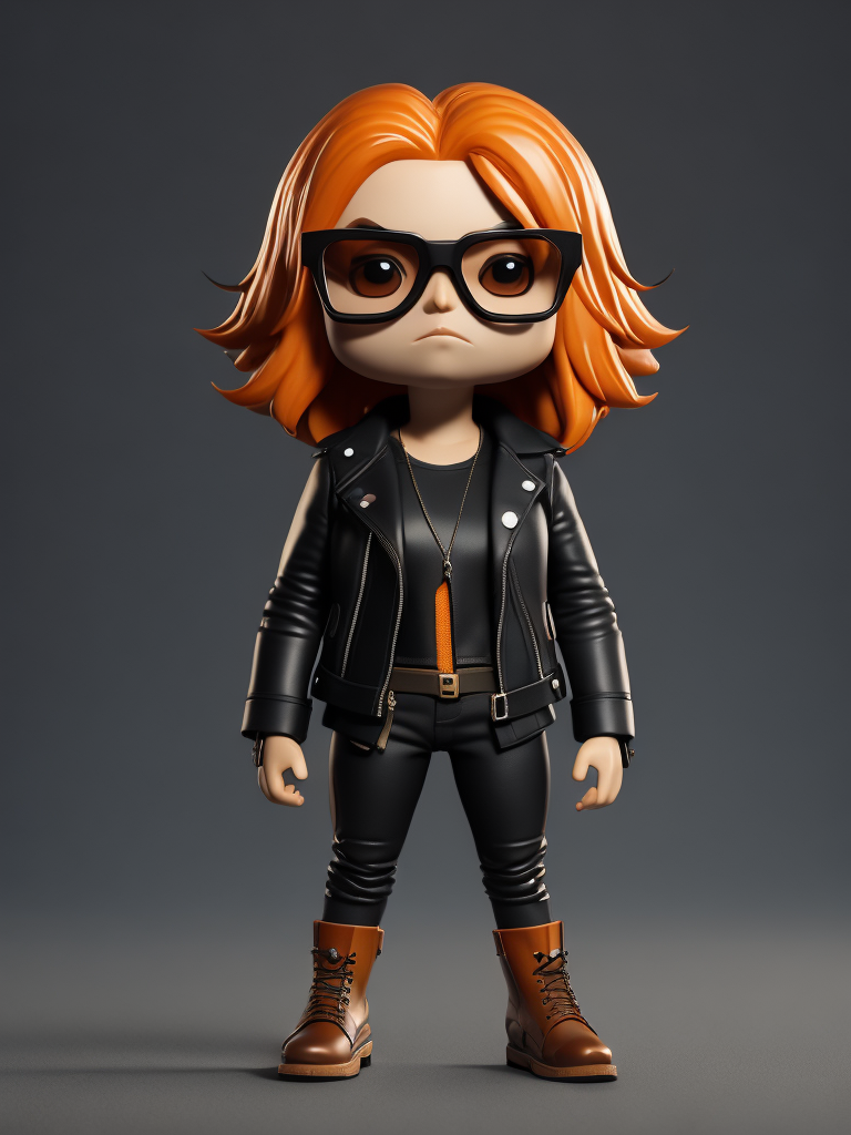 Full body Plastic figurine of a brutal chick with Red hair, black glasses, leather jacket, black boots, 3d octane render, funko pop, gradient background, orange backlight