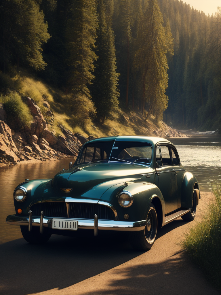 Ретро-автомобиль в три четверти на берегу реки, за которой сосновый лес