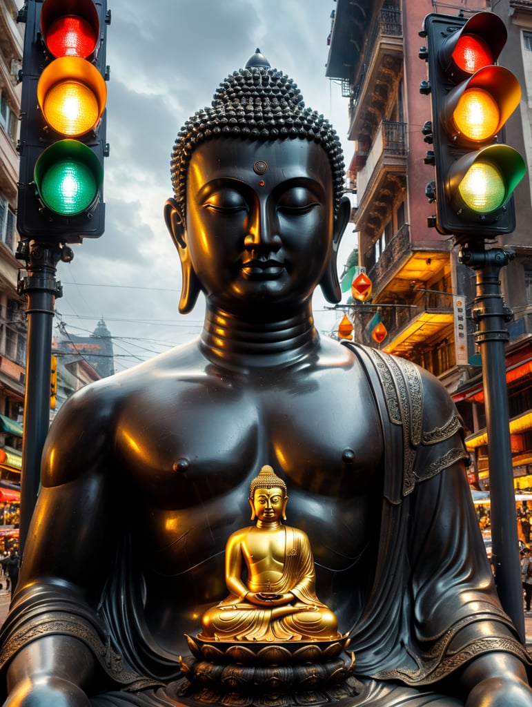 Create a statue of the Buddha sitting and in front of his eyes a traffic light in the foreground of the photo, representing visual management