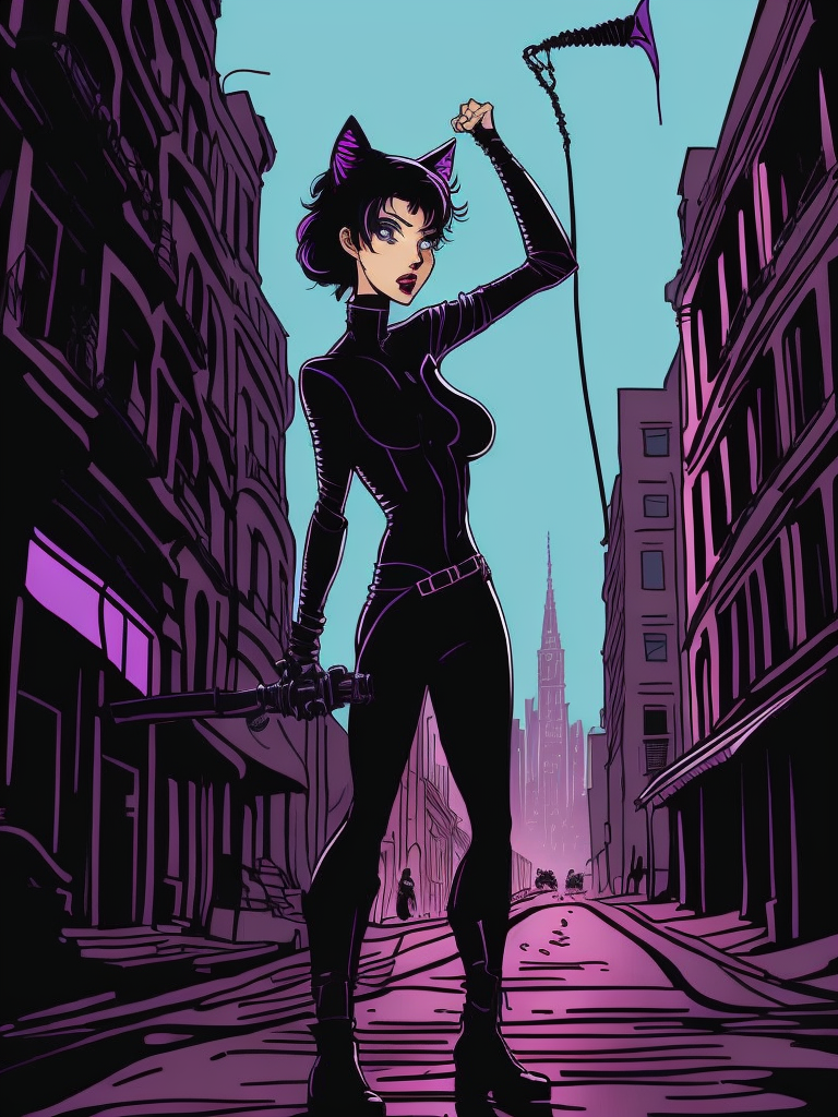 Catwoman in her classic purple and black costume, with her signature whip coiled around her waist and her sleek, feline-like movements. the background is a dark alleyway, with the neon lights of the city flickering in the distance. the image is drawn in the style of early 90s cartoons, with bold lines and bright, bold colors