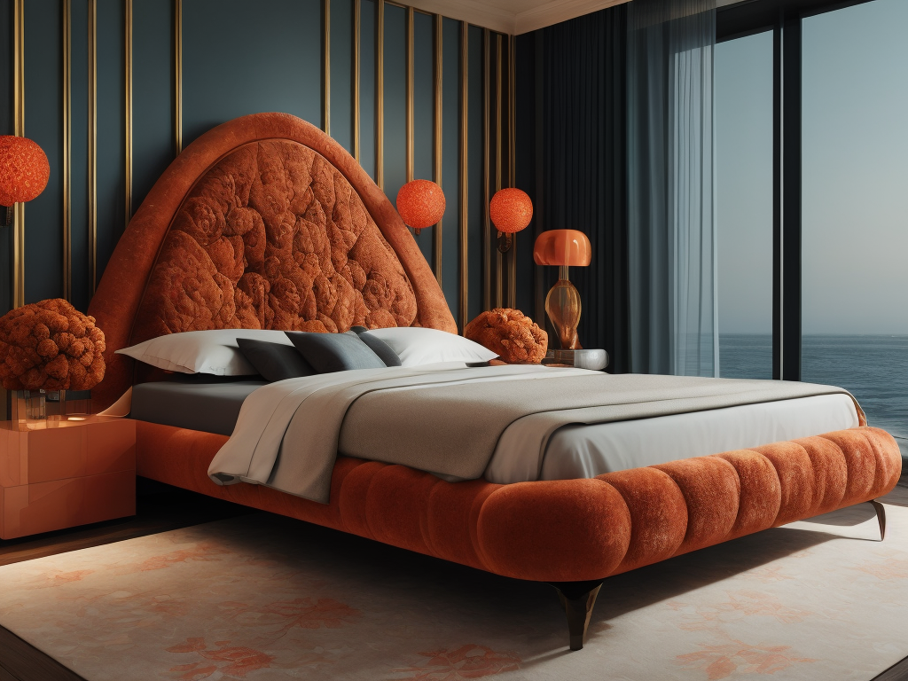 Bed. pinin farina , italian design, mix futuristic and art nouveau ,awesome,CORAL COLOR flowers print velvet, modern design , martin brudnisky Design Studio IN THE BOTTOM OF THE OCEAN armani milano cinematic, render, uktrasofisticated