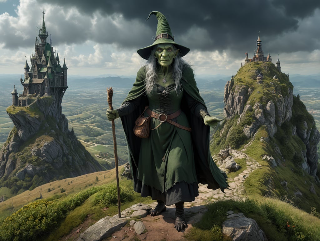 An old witch dressed in dark green, ugly with a big nose and warts, crooked back viewed from the front, one grey rat by her feet. Standing on a hill top with her arms raised towards the sky. Viewed from behind.