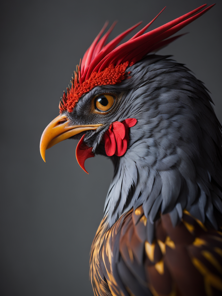 Detailed profile portrait of a rooster, Depth of field, Incredibly high detail, gradient background, Vibrant colors, Depth of field, Incredibly high detail