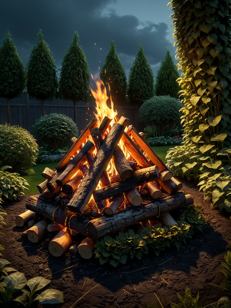 Side view of a small unlit bonfire in a garden, without flames or smoke