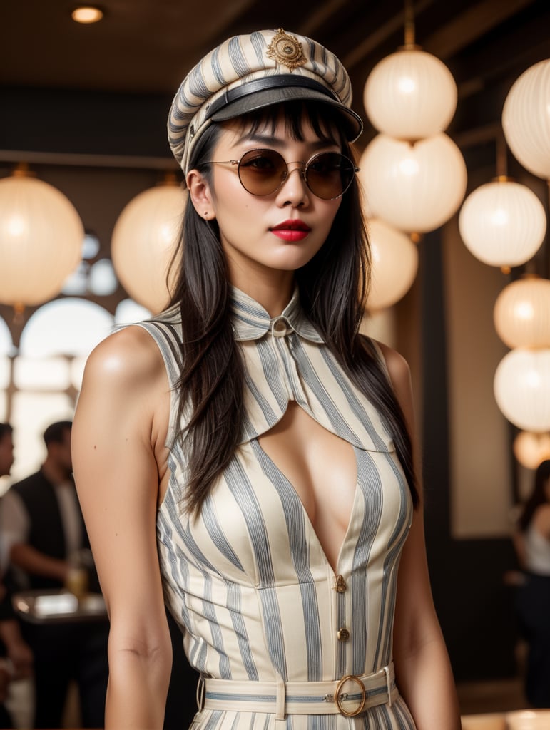 Front profile half body photography, at a party, a punk 80's asian model woman with 50's hat, in minimal round striped pattern creme transparent jumpsuit and large sunglasses, 80 degree view, art by sergio lopez, natalie shau, james jean and salvador dali