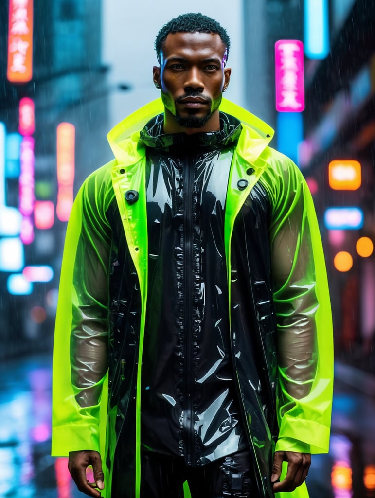 Cyborg black man wearing transparent raincoat, cyborg parts, rainy dark and neon tokio photo shoot, cyberpunk style, bright colours, high contrast, contrast lights