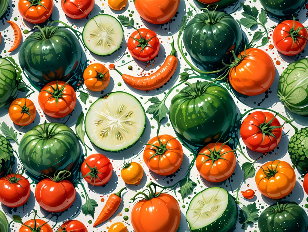 seamless pattern with tomatos carrot cucumber paprika on light background