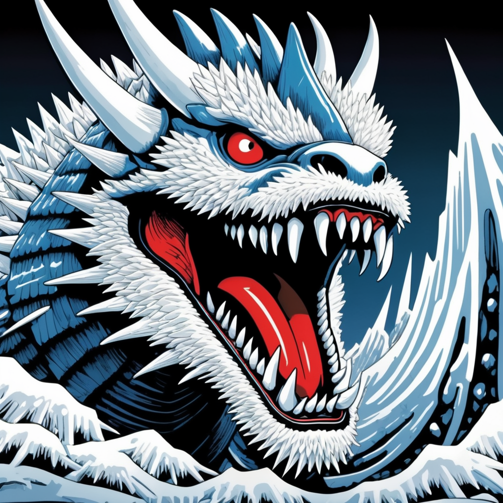 Beautiful linocut illustration of a shimu kaiju, white color, ice spikes on the back, open mouth with sharp teeth, large claws