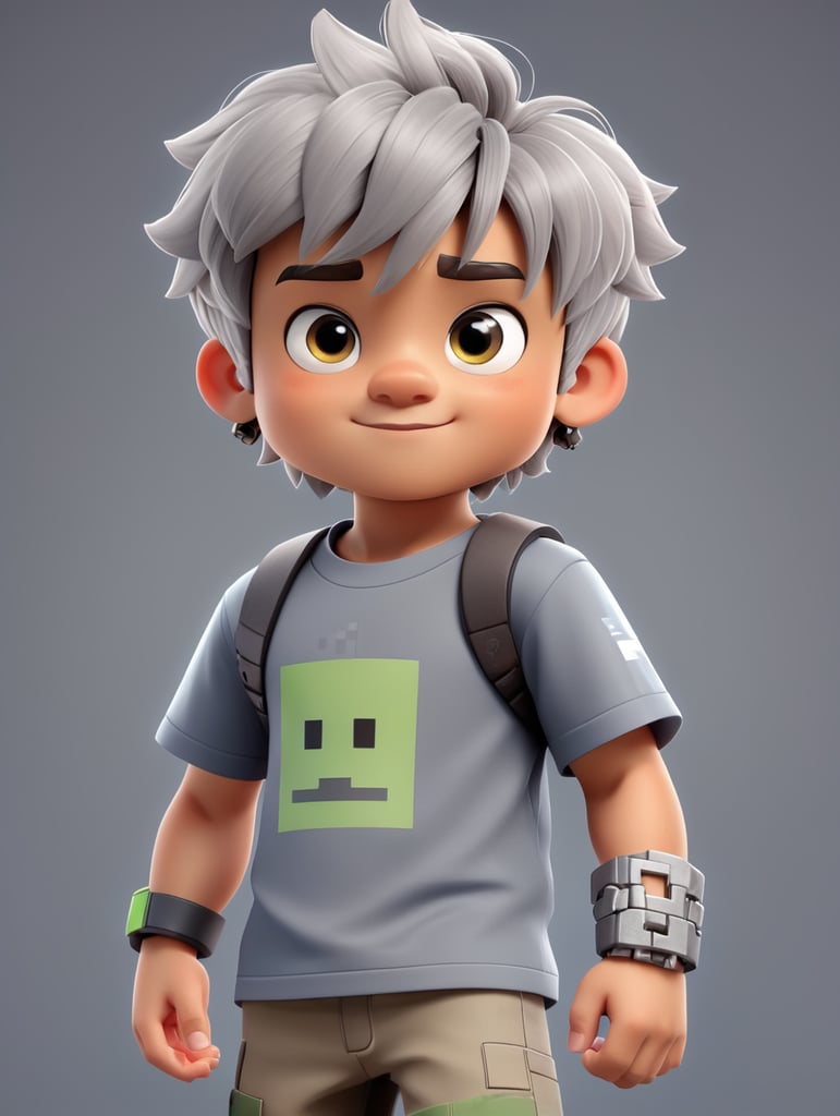 A Minecraft skin of a little boy with a gray t-shirt and a bracelet with gray hair