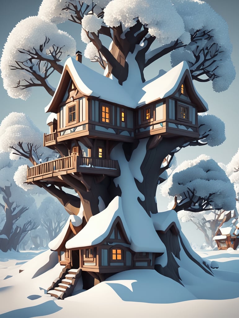 Dwarves' house on a branching tree, a lot of snow, low poly style
