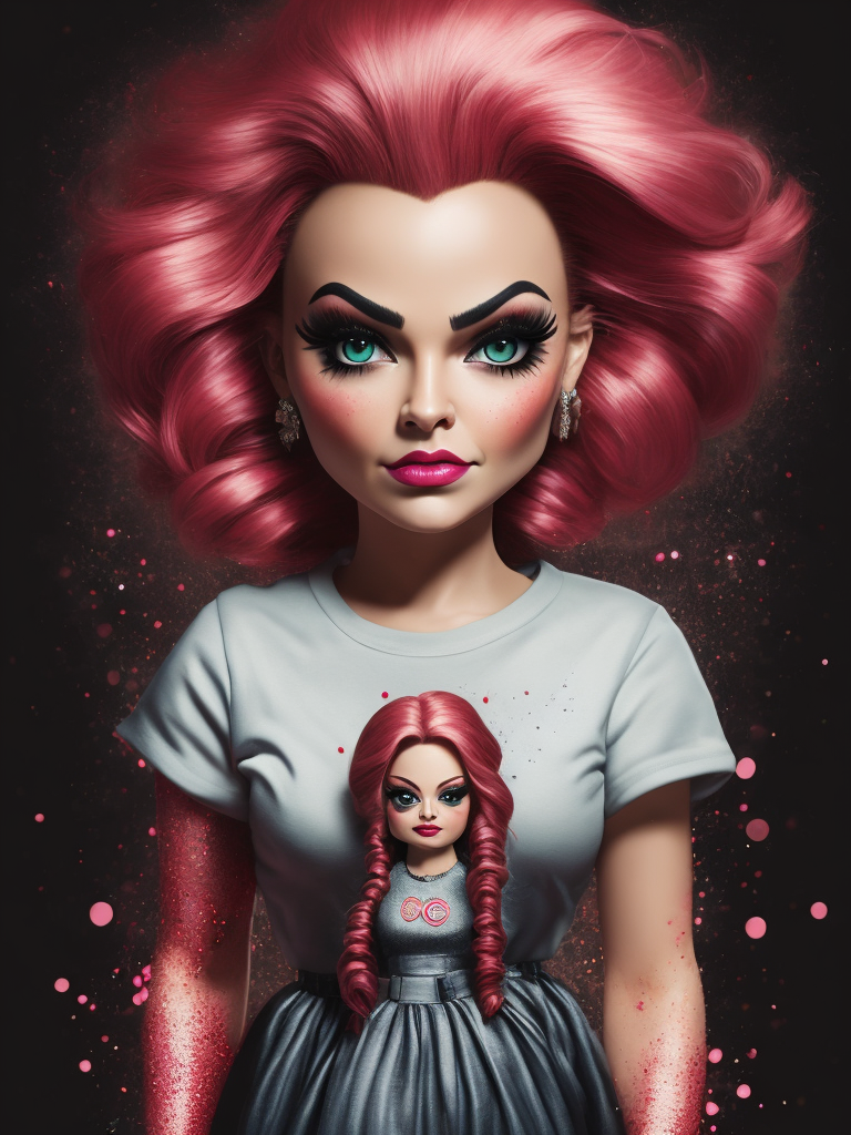 bride of chucky as barbie, t-shirt design, pink themed, glitter, pop culture, trending on pinterest