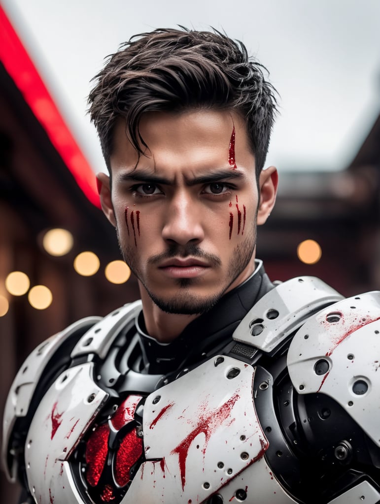 A realistic photograph of a 22-year-old man, with a scary angry expression, black messy short hair, dark black eyes, with a cut scar in the eye, with no beard, strong body, wearing a white robotic armor, covered with red dye, with a bright background with white leds, dramatic illumination, hyperdetailed, hyperrealistic, 8 k