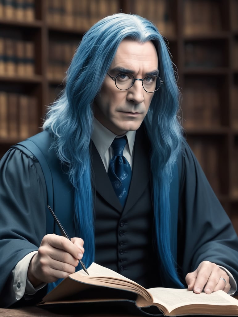 professor Snape from Harry Potter with blue hair, serious face teaching a lecture