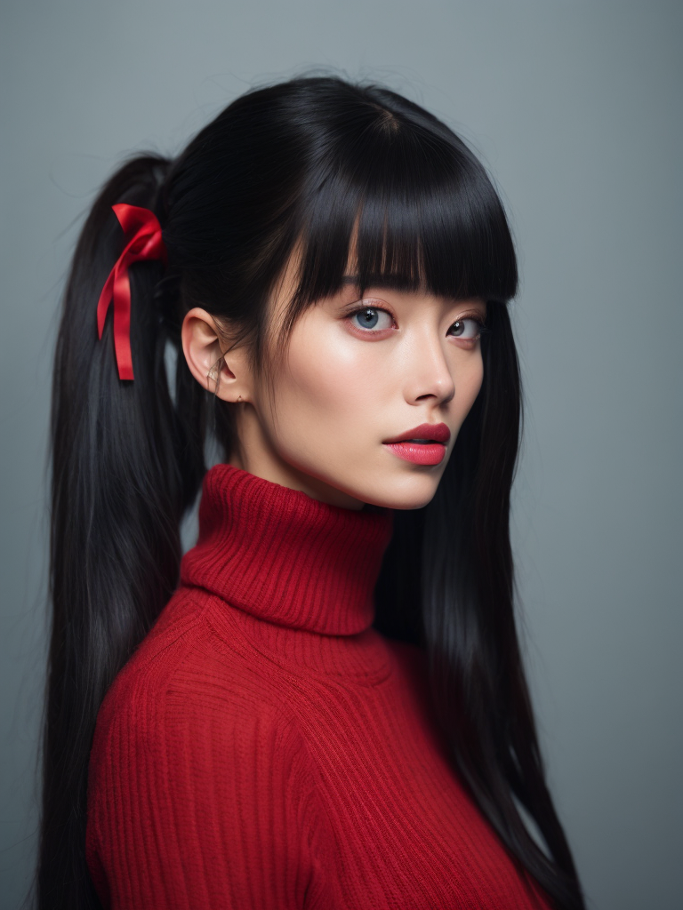 1girl, tohsaka rin, solo, long hair, sweater, red sweater, looking at viewer, blue background, black hair, simple background, two side up, turtleneck, blue eyes, lips, closed mouth, ribbon, hair ribbon, bangs, turtleneck sweater, upper body, parted bangs, black ribbon, ribbed sweater, twintails, nose,