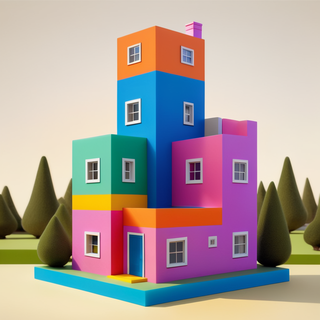 Vinil toy para Niño de 5 años xd una casa inspirada en la arquitectura de Luis Barragán y las pinturas de Escher con colores vibrantes colocado como si fuera una obra de arte contemporáneo. Encapsulado en resina.