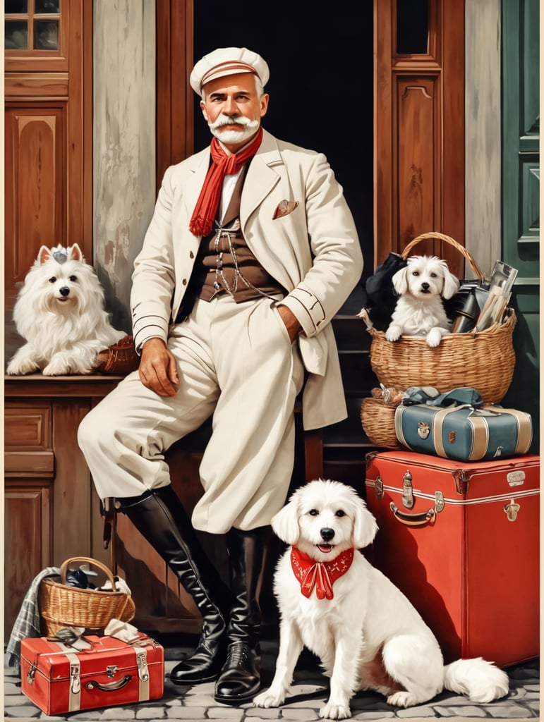 Retro poster of an old Austrian traveler with a white dog, dressed in traditional Austrian clothes, behind with things