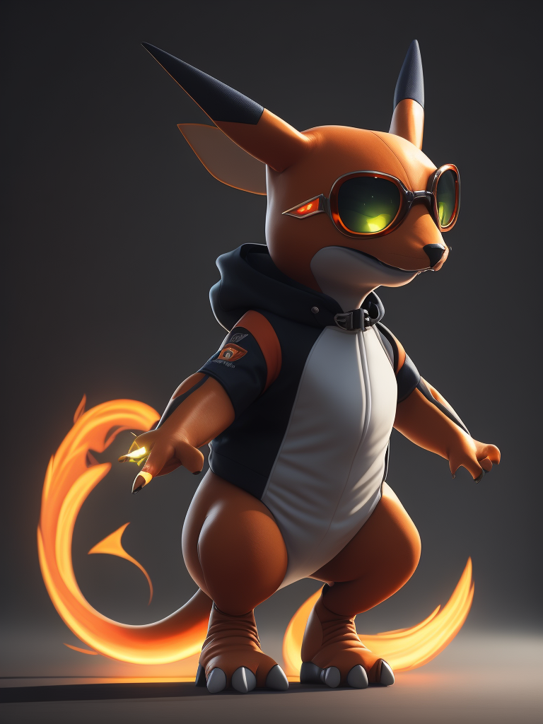cute stylish pokemon Charizard dressed in stylish futuristic sportswear clothes, big sneakers and a futuristic glasses