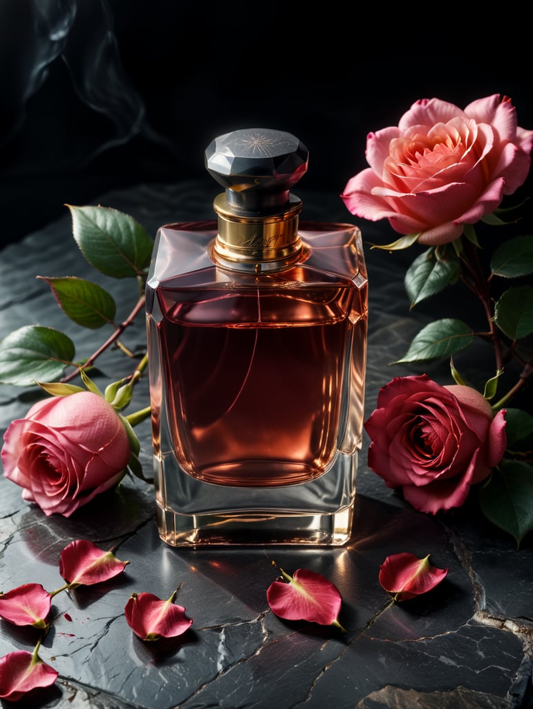 professional photography of a luxury perfume, square bottle, surrounding a rose petals, rose satin scarf on a background, no label, clear, mockup