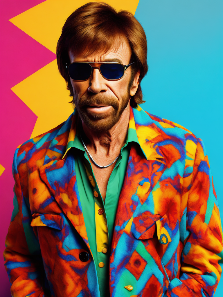 Chuck Norris wearing a brightly patterned jacket and wayfarer glasses, Vivid saturated colors, Contrast color