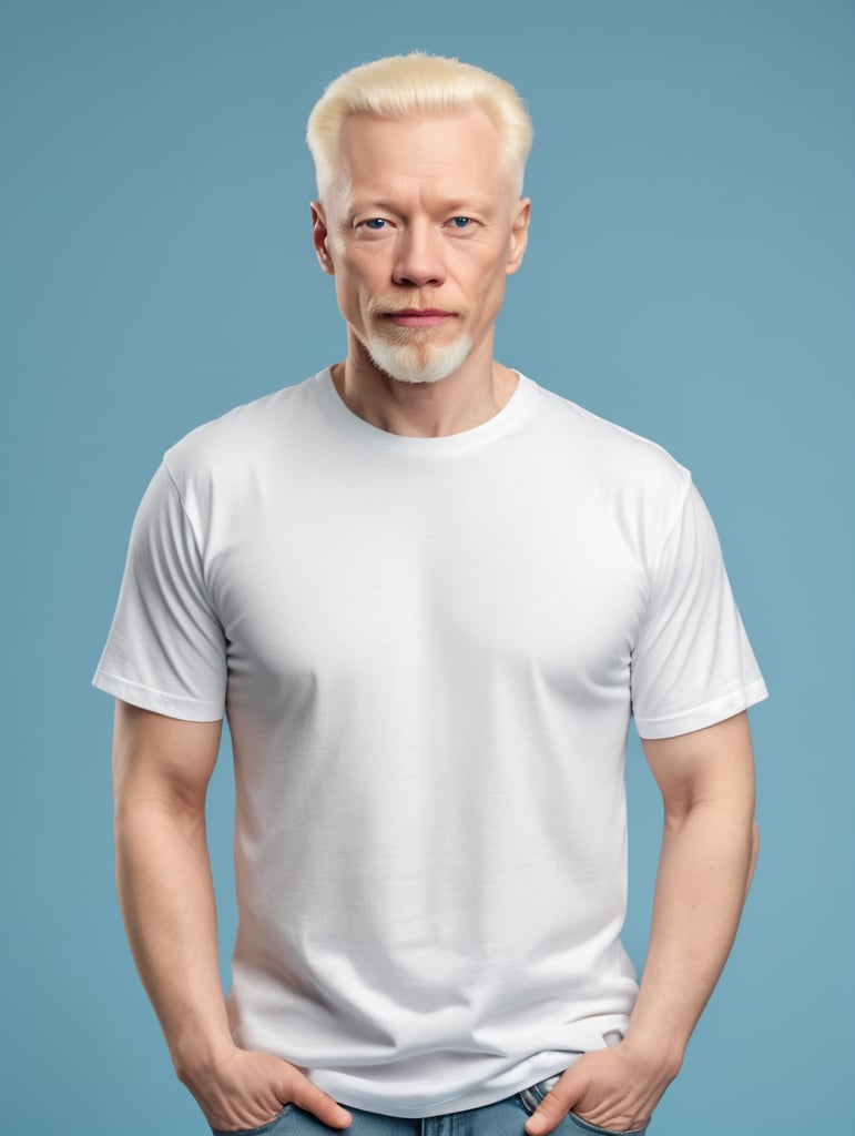 A middle-aged albino man wearing a white T-shirt, Contrasting studio light, isolated, blue background, mockup, mock up