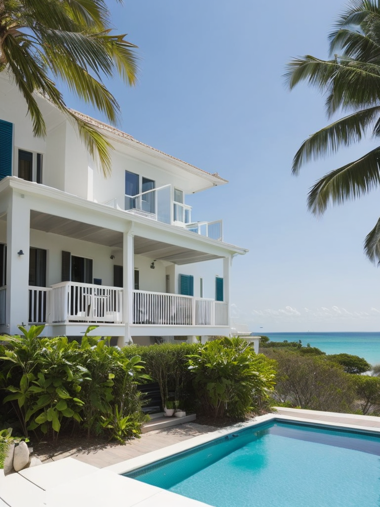 Beach house, white beach, light blue water, tropical plants
