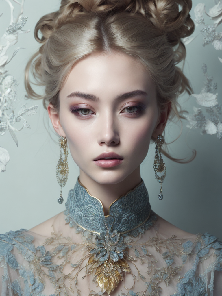 A beautiful painting featuring a young blonde woman and jewelry, in the style of zhang jingna, rinko kawauchi, baroque - inspired details, dark gold and light blue, fanciful, dreamlike imagery, hyper - realistic details, enchanting realms