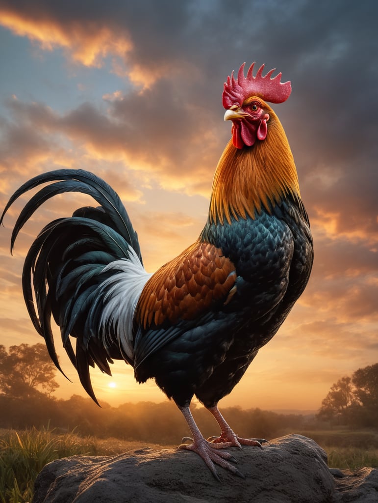 beautiful photorealistic rooster crowing in morning outside, beautiful morning sky