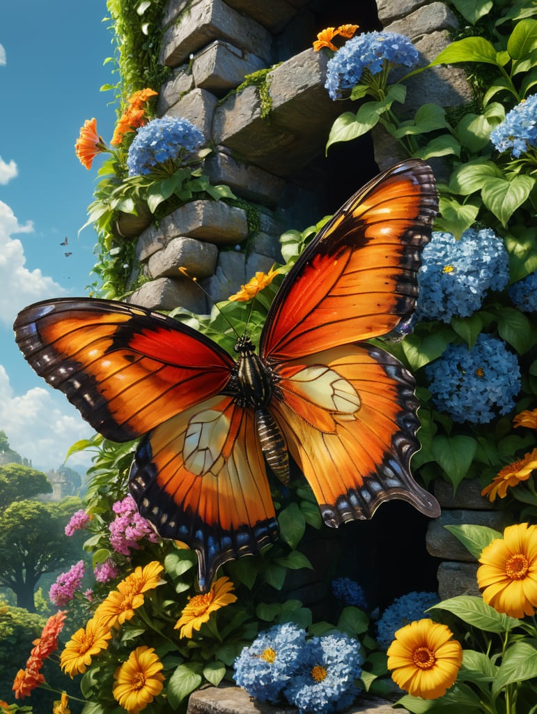 One large colourful butterfly that is close up off centre and flying side view, with 10 butterflies in the distance. In a wild, overgrown garden filled with beautiful bright flowers of many varieties, shapes and sizes. Sunshine and blue skies. Garden is surrounded by shady trees and an low old farm style stone wall. Abundance of colour.