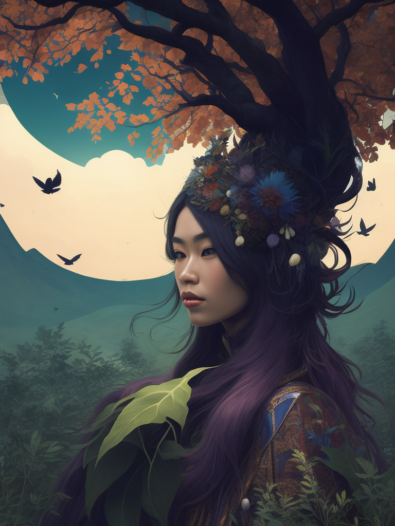 beautiful cute front portrait Korean ninfa, big long curly hair, herbs pastel colors, next to a white tree with green leafs, fliying blue birds, flowers purple by victo ngai, kilian eng, dynamic lighting, digital art, art by Takato yamamoto