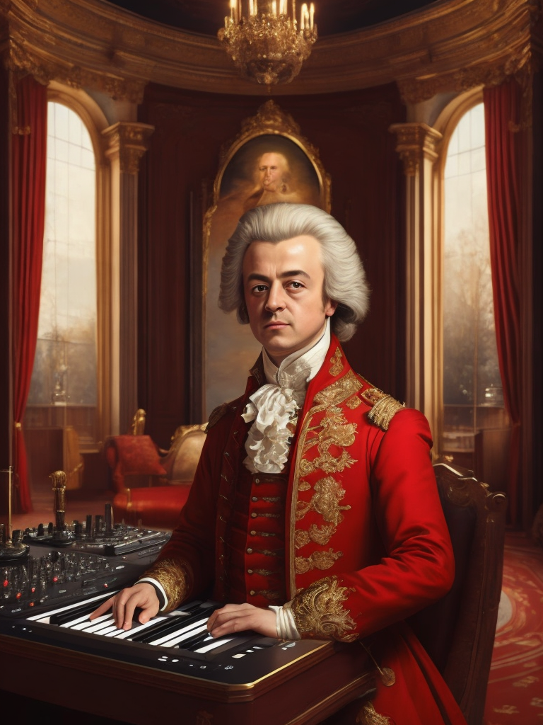 Wolfgang Amadeus Mozart in a 18th century red suit making music on a DJ table, Against the background of the interior of the palace full of guests, studio photo, professional photo, Bright and rich colors, Detailed image, detailed face,