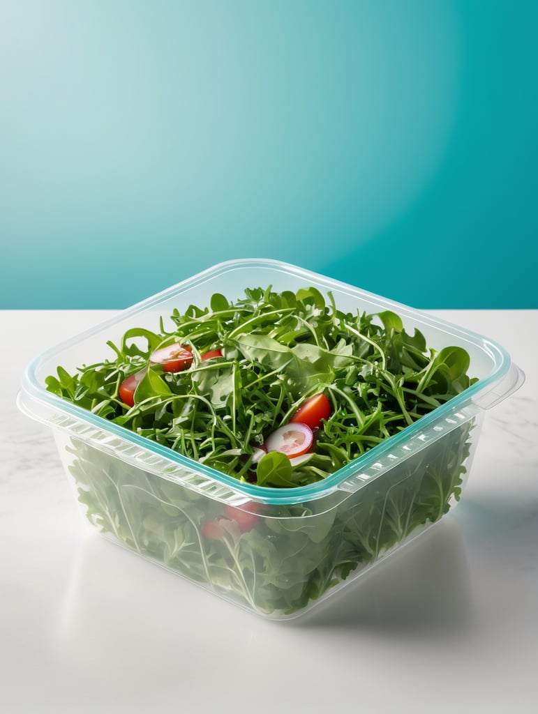 blank Transparent Plastic Container with Arugula Salad, isolated, cyan background, Mockup, mock up