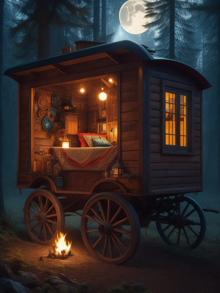 multicolored gypsy wagon in a forest with the full moon in the sky illuminating the wagon from the moon and the bonfire, more open plan