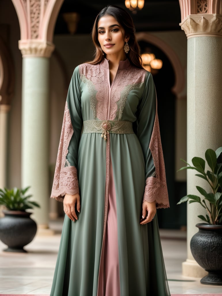 FULL BODY ABAYA sage green and dusty rose spliced with lace ABAYA