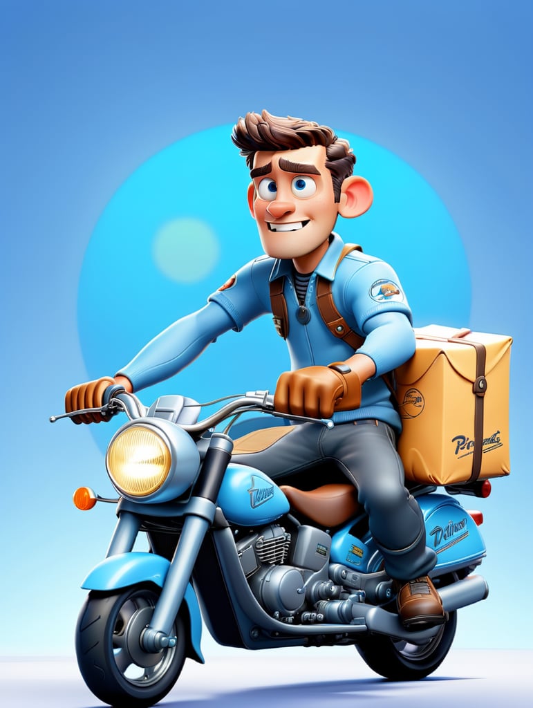 man on motorcycle making courier delivery with light blue background