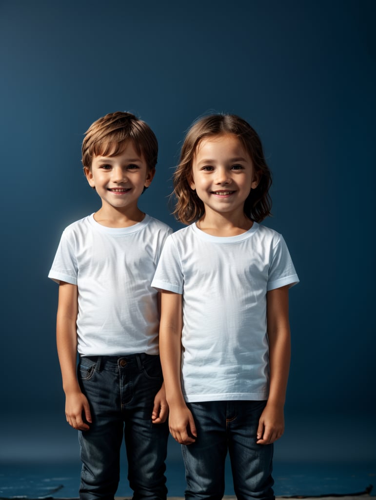 a Little boy and girl wearing white t-shirts, standing in front of blue background, blank shirts no print, 9 years old smiling toddlers, photo for apparel mock-up