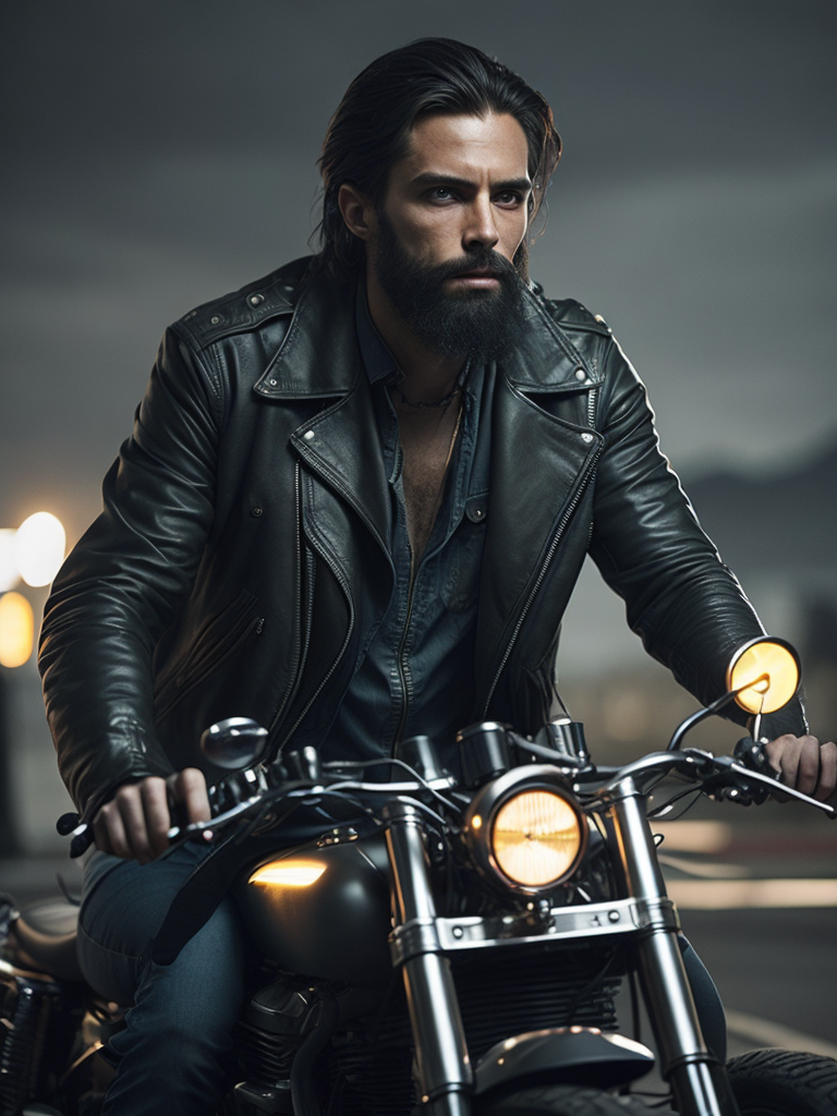 Biker on Harley Davidson motorcycle, beard, road 66, leather jacket, photorealistic, detailed image, night, USA