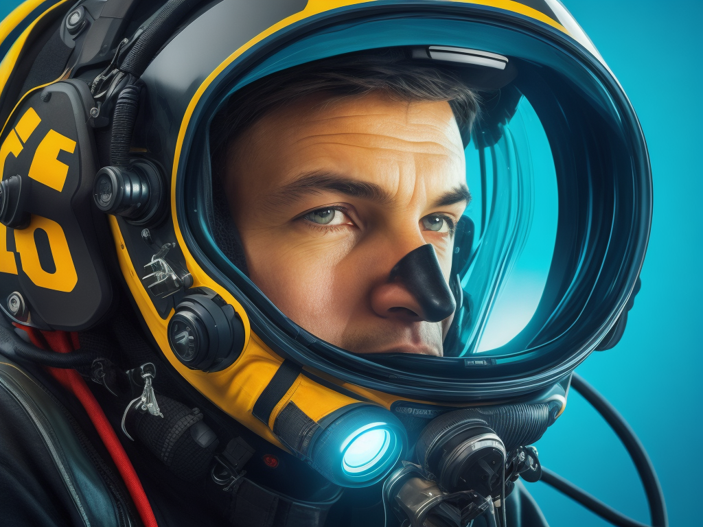 A commercial diver wearing a Kirby Morgan KM 37 dive helmet, underwater, ultra realism, super detailed, neon colors, magazine cover, professional shot, magazine photography, bright saturated colors, sharp focus, highly detailed