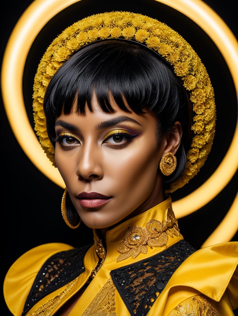 Donyale luna, avant-garde, simplygo, photoshoot spread, dressed in all yellow, black background, harpers bizarre, cover, headshot, hyper realistic