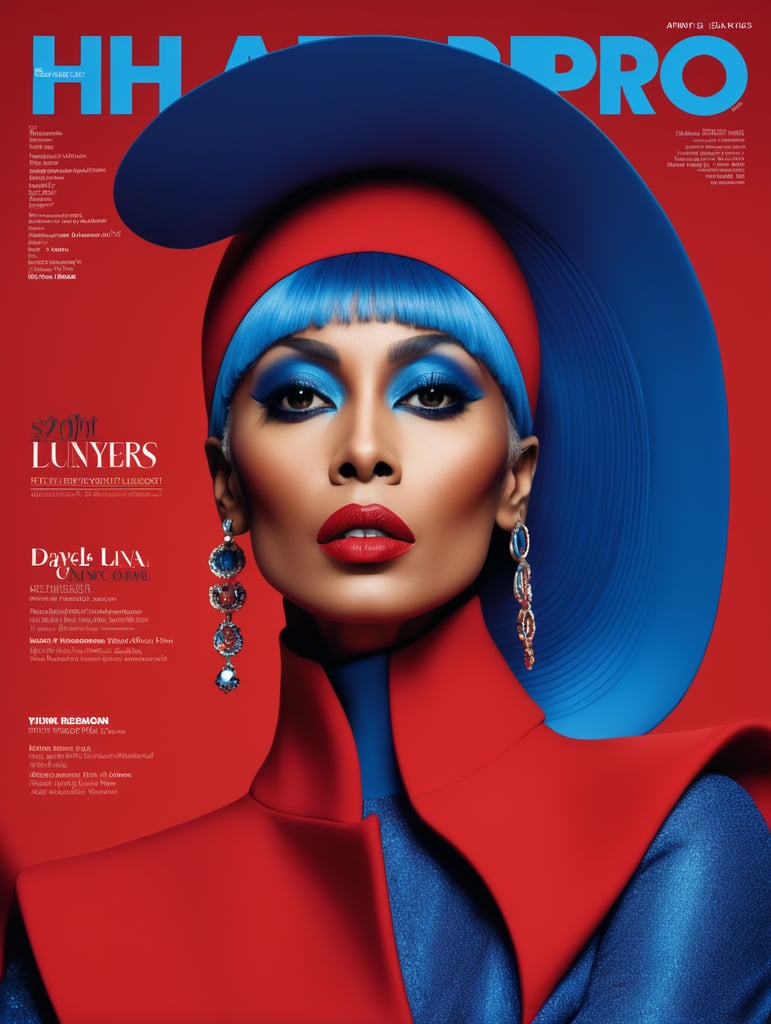 Donyale luna, avant-garde, simplygo, photoshoot spread, dressed in all red, blue background, harpers bizarre, cover, headshot, hyper realistic